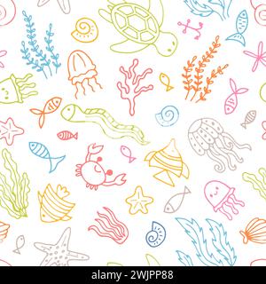Handgezeichnetes nahtloses Muster mit Unterwassertieren. Meer, Meeresleben. Nautischer Hintergrund. Vektorabbildung Stock Vektor