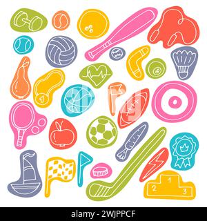 Set handgezeichneter Sportelemente. Sport Equipments Icons Kollektion. Fitness, gesunder Lebensstil. Vektorabbildung Stock Vektor