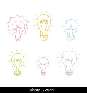 Handgezeichnete Glühlampen. Glühlampe kritzeln. Ideenkonzept. Skizzieren, minimalistisches Design. Vektorabbildung Stock Vektor