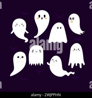 Sammlung niedlicher Halloween-Geister. Gruselige Zeichentrickfiguren. Vektorabbildung Stock Vektor