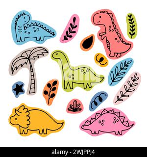 Niedliche handgezeichnete Dinosaurier und tropische Pflanzen. Dino-Kollektion für Kinder. Lustige Zeichen. Vektorabbildung Stock Vektor