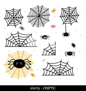 Spinnweben-Set für Halloween-Design. Spinnennetze und Spinnennetze. Vektorabbildung Stock Vektor