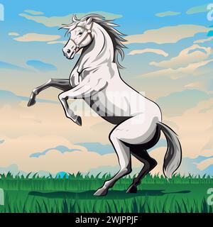Vektor-Illustration eines weißen Pferdes, das auf dem Feld gegen den Himmel läuft. Pferd auf zwei Beinen. Stock Vektor