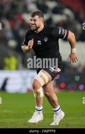 St Helens, Großbritannien. Februar 2024. Rob Butler von London Broncos während des Spiels der Betfred Super League Runde 1 St Helens gegen London Broncos im Totally Wicked Stadium, St Helens, Vereinigtes Königreich, 16. Februar 2024 (Foto: Steve Flynn/News Images) in St Helens, Vereinigtes Königreich am 16. Februar 2024. (Foto: Steve Flynn/News Images/SIPA USA) Credit: SIPA USA/Alamy Live News Stockfoto