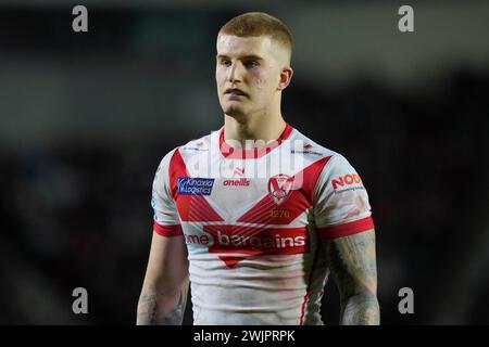 St Helens, Großbritannien. Februar 2024. George Delaney aus St. Helens während des Spiels der Betfred Super League Runde 1 St Helens gegen London Broncos im Totally Wicked Stadium, St Helens, Vereinigtes Königreich, 16. Februar 2024 (Foto: Steve Flynn/News Images) in St Helens, Vereinigtes Königreich am 16. Februar 2024. (Foto: Steve Flynn/News Images/SIPA USA) Credit: SIPA USA/Alamy Live News Stockfoto