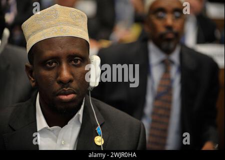 Februar 2009. Addis Abeba, Äthiopien, der somalische Präsident Sharif Scheich Ahmed sitzt während des 12. Gipfels der Afrikanischen Union im Plenarsaal des Gebäudes der Vereinten Nationen Stockfoto