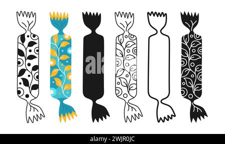 Eingewickelte Süßigkeiten mit Doodle Ornament. Bonbon mit Zeichentricksymbol, Lutscher mit Stempel, Kontur- oder Liniendudel-Süßigkeiten, Snackdesign-Set. Leckere Zucker Dessert kindliche Nahrung, gewickelte Karamell Süßigkeiten Vektor Illustration Stock Vektor