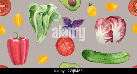 Aquarell Hand gezeichnete nahtlose Gemüsesorte auf hellgrauem Hintergrund Stockfoto