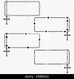 Vektordesign des Rahmens für Fotografie mit katholischem Rosenkranz, Rosenkranz mit christlichem Kreuz mit quadratischer Form, Symbol der katholischen Religion Stock Vektor