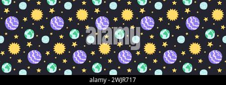 Niedliches nahtloses Muster mit Space-Elementen auf dunklem Hintergrund. Handgezeichneter, flacher Cartoon-Stil. Vektorabbildung Stock Vektor