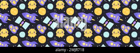 Niedliches nahtloses Muster mit Space-Elementen auf dunklem Hintergrund. Handgezeichneter, flacher Cartoon-Stil. Vektorabbildung Stock Vektor