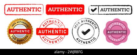 Authentisches kreisförmiges und rechteckiges Gummisiegeletikett Aufkleber für verifiziertes Produkt Stock Vektor