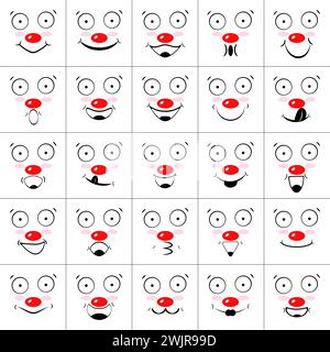 Ein paar Gesichter von Clowns mit Lächeln, Lachen und roten Nasen. Sammlung von Emoticons und Emojis. Kontur, isolierte Vektorabbildungen, Symbole. Stock Vektor