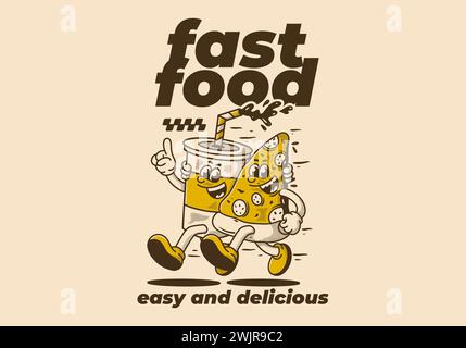 Fast Food, einfach und lecker. Maskottchenfigur von laufender Pizza und alkoholfreiem Getränk Stock Vektor