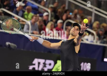 Delray Beach, Florida, USA. Februar 2024. 14. Februar: Marcos Giron (USA) besiegt Adrian Mannarino (FRA) in der ersten Runde der Delray Beach Open 2024 im Delray Beach Tennis Center. (Kreditbild: © Andrew Patron/ZUMA Press Wire) NUR REDAKTIONELLE VERWENDUNG! Nicht für kommerzielle ZWECKE! Stockfoto