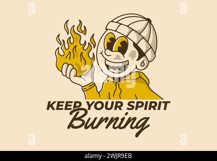 Lassen Sie Ihren Geist brennen. Retro-Illustration eines Beanie-Typen, der ein Feuer hält Stock Vektor