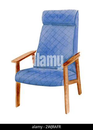 Handgezeichnete Aquarellillustration eines weichen gesteppten blauen Sessels mit Holzarmlehnen Stockfoto