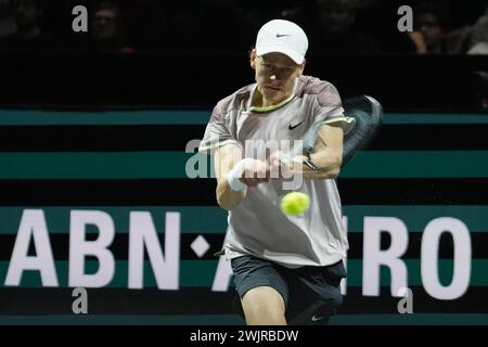 Rotterdam, Pays Bas. Februar 2024. Jannik Sinner of Italy gegen Milos Raonic aus Kanada, Viertelfinale während der ABN Amro Open 2024, ATP 500 Tennis Turnier am 16. Februar 2024 in Rotterdam, Niederlande - Foto Laurent Lairys/DPPI Credit: DPPI Media/Alamy Live News Stockfoto
