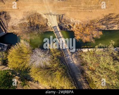 Blick von oben auf einen Wasserkanal im Ebro-Delta (Tarragona, Katalonien, Spanien) ESP Vista aérea cenital de un Canal de Agua en el Delta del Ebro Stockfoto