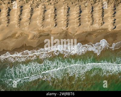 Blick von oben auf die Dünen des Strandes La Marquesa im Ebro-Delta (Tarragona, Katalonien, Spanien) ESP: Vista aérea de las dunas al Delta del Ebro Stockfoto