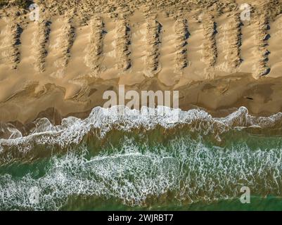 Blick von oben auf die Dünen des Strandes La Marquesa im Ebro-Delta (Tarragona, Katalonien, Spanien) ESP: Vista aérea de las dunas al Delta del Ebro Stockfoto