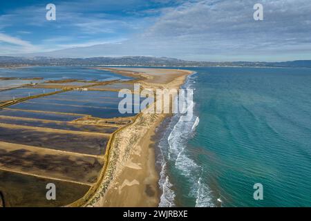 Aus der Vogelperspektive auf Punta del Fangar Point und Fangar Bay im nördlichen Teil des Ebro Delta (Tarragona, Katalonien, Spanien) Stockfoto