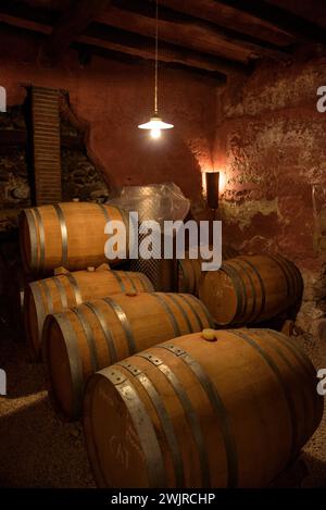 Can Grau Vell Farmhouse. Weingut des Bauernhofes (Baix Llobregat, Barcelona, Katalonien, Spanien) ESP: Masía de Can Grau Vell. Bodega de la masía Stockfoto