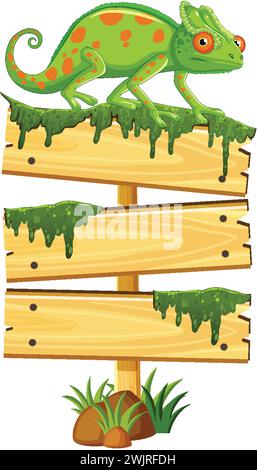 Buntes Chamäleon auf einem Schild mit Moos. Stock Vektor