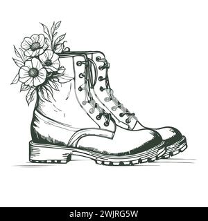 Vektorillustration von Blumen in Stiefeln für Malbücher für Kinder und Erwachsene. Elegante handgezeichnete Illustration Stock Vektor