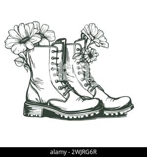 Vektorillustration von Blumen in Stiefeln für Malbücher für Kinder und Erwachsene. Elegante handgezeichnete Illustration Stock Vektor