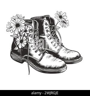 Cowboystiefel mit Blumen auf weißem Hintergrund. Vektorabbildung. Stock Vektor