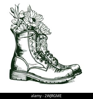 Detaillierte Vektor-handgezeichnete Illustrationen Set. Schöne Blumen in alten Schuhen. Konturzeichnung isoliert auf weiß. Vintage-grafische Skizze. Originalelemente für Design, Druck, Typografie usw. Stock Vektor