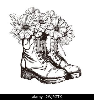 Detaillierte Vektor-handgezeichnete Illustrationen Set. Schöne Blumen in alten Schuhen. Konturzeichnung isoliert auf weiß. Vintage-grafische Skizze. Originalelemente für Design, Druck, Typografie usw. Stock Vektor