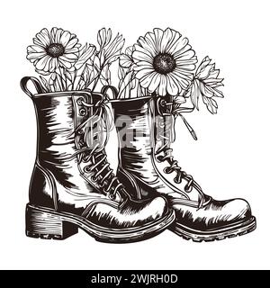 Detaillierte Vektor-handgezeichnete Illustrationen Set. Schöne Blumen in alten Schuhen. Konturzeichnung isoliert auf weiß. Vintage-grafische Skizze. Originalelemente für Design, Druck, Typografie usw. Stock Vektor