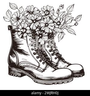 Cowboystiefel mit Blumen auf weißem Hintergrund. Skizzieren Sie handgezeichnete Vektor-Nahdarstellung für die Konstruktion Stock Vektor