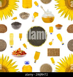Musterverarbeitung einer Sonnenblume und isolierter Produkte auf weißem Hintergrund Stockfoto