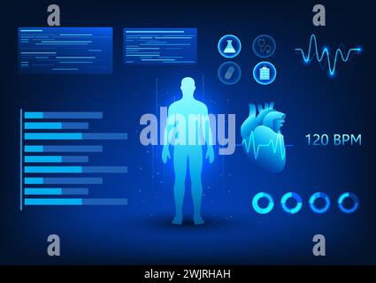 Medizintechnik Ein Bildschirm, der ein Hologramm des menschlichen Körpers projiziert, das Herzfrequenzinformationen anzeigt. Die Arbeit des Herzsystems zum Diagno Stock Vektor