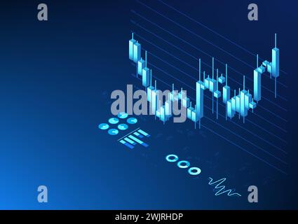 Isometrische Technologie-Aktiendiagramm Kerzenhalter zeigt den Preis, den Status des Unternehmens, das Wachstum, den Gewinn und den Verlust an. Damit Investoren sich entscheiden können Stock Vektor