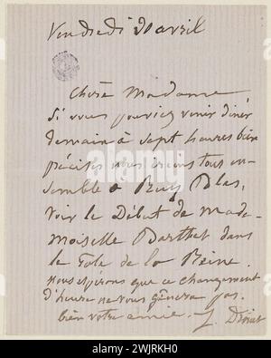 Juliette Drouet an Mrs. Renan; 30. April 1880; Victor Hugo House - Paris Autograph Letter Stockfoto