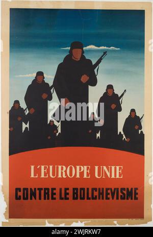 Europa vereint gegen den Bolschewismus". Farblithographie, 1943. Paris, Carnavalet Museum. Politik, Geschichte, 2. Weltkrieg, 1939-1945, Besatzung, Zusammenarbeit, Propaganda, Bolschewismus, Antikommunismus, Armee stilisierter deutscher Soldaten Werbetexter, Antikommunismus, Antikommunismus, deutsche Armee, Bolschewismus, gegen, vereintes Europa, Farblithographie, Propaganda, Werbung, zweiter Weltkrieg, deutscher Soldat Stockfoto