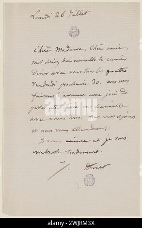 Juliette Drouet an Frau Renan; Montag, 26. Juli [ohne Datum]; Victor Hugo House - Paris Autograph Letter Stockfoto