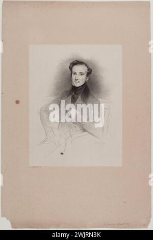 Achille Devéria (1800-1857), französischer Kupferstecher. Porträt von de Savigny. Lithographie über China Collé, 1833. Paris, Carnavalet Museum. 77635-5 Zeichnen, Mann, Innenraum, Lithografie, Hand, Porträt, Jacke Stockfoto