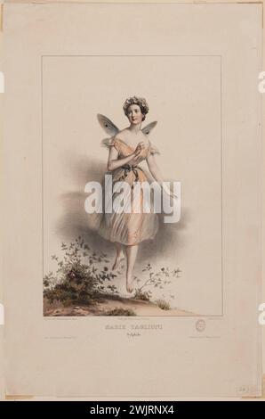 Achille Devéria (1800–1857), französischer Kupferstecher und Pierre Louis Henri Grévedon. Marie Taglioni (1804–1884), Tänzerin in der Titelrolle La Sylphide. Farblithographie und auf Papier gelöscht, 1830. Paris, Carnavalet Museum. 77634-13 Flügel, Tänzer, Zeichnen, Italienisch, Farblithographie, sylphide Stockfoto