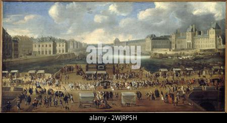 Le Pont Neuf, vom Eingang zum Place Dauphine aus gesehen, dem Kai von Malaquais mit dem College der Fünften Nationen, der Grande Galerie und dem Louvre, um 1669. Passage von einer Prozession auf der Brücke ". Anonyme Malerei. Paris, Carnavalet Museum. 24104-13 Anonym, Carrosse, Trägerstuhl, College Achtzigerjahre, Cortege, Eingang, große Galerie, louvre, Passage, Place dauphine, Galant Green Point, Brücke neu, Quai malaquais, Reiterstatue Stockfoto