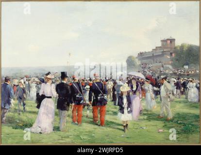 Alfred Smith (1854-1936). „Ende des Einkaufs in Auteuil“. Öl auf Leinwand, um 1893. Paris, Carnavalet Museum. 33213-1 Auteuil, Bois de Boulogne, Pferderennen, elegant, Menschenmenge, Pferderennen, Rennstrecke, Leinwand, Schatten, Soldat, Soldat Stockfoto