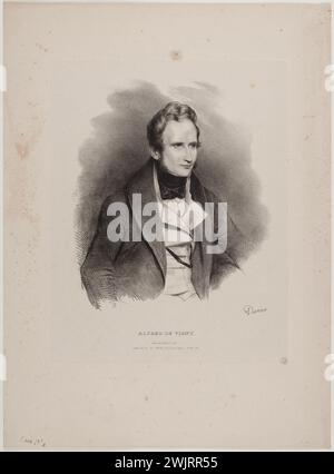 Achille Devéria (1800–1857), französischer Kupferstecher und Charles-Etienne-Pierre Motte (1785–1836). Porträt von Alfred de Vigny (1797-1863), Schriftsteller, Dramatiker und Dichter. Lithographie über China Collé, 1831. Paris, Carnavalet Museum. 77635-9 Zeichnen, Dramatiker, Schriftsteller, Französisch, Lithografie, Poet, Porträt Stockfoto