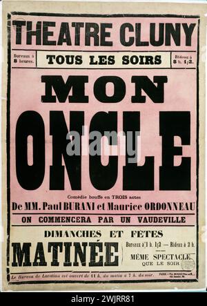 Morris Vater und Sohn drucken. Theater Cluny, mein Onkel, Comedy Bouffe. Poster. Typographie (rosa Schablone). Um 1885. Paris, Carnavalet Museum. Poster, Programm, Werbung, Nachlass, rue Pigalle, Theater Cluny, Typografie, 18. Jahrhundert 18. 18. 18. 18. 18. 18. Arrondissement, Stück Stockfoto