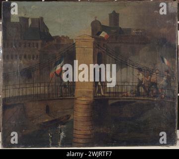 Fight of the Arcole Bridge, 28. Juli 1830. Anonym, Öl auf Leinwand. Paris, Carnavalet Museum. 24169-20 Anonym, dreifarbige Flagge, seine-Fluss, Arcole-Brücke, Revolution 1830, überqueren, überqueren, kämpfen, Öl auf Leinwand Stockfoto