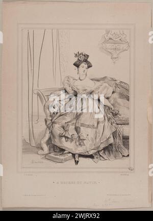 Achille Devéria (1800–1857), französische Kupferstecherin und Antoine Adolphe Catherine Fonrouge (1828–1855), französische Drucklithografie. Die Tageszeiten: 4 Uhr morgens. Lithographie auf Papier, 1829. Paris, Carnavalet Museum. 77635-29 Bank, Sofa, Schlafzimmer, Kissen, Zeichnung, Frau, Tag des Tages, Aufstehen, Lithographie, Morgen, Morgen, wach auf, wach auf, Bett Stockfoto