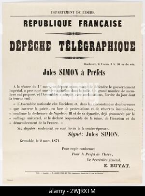 F. Allier et fils, Drucker der Präfektur. "ABTEILUNG DER ISERE. Französische republik, depeche Telegraphic, Bordeaux, 2. März 3 Uhr Typographie. EN 1871-1871. Paris, Carnavalet Museum. 146314-15 Stockfoto